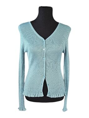 Y2K Aqua Rib Knit Cardigan Top Ruffle Hem Fairycore Office Siren M
